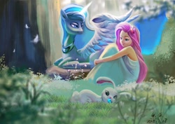 Size: 2048x1446 | Tagged: safe, artist:ran, fluttershy, princess luna, alicorn, human, pony, rabbit, equestria girls, g4, animal