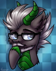 Size: 1827x2333 | Tagged: safe, artist:kruszynka25, oc, dracony, dragon, hybrid, pony, bust, commission, ear fluff, facial hair, glasses, horns, male, portrait, simple background, smiling, thinking