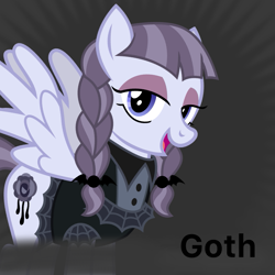 Size: 819x819 | Tagged: safe, inky rose, pegasus, pony, derpibooru, g4, braid, clothes, eyeshadow, female, goth, looking at you, makeup, mare, meta, open mouth, spoiler image, spoilered image joke, spread wings, text, wings
