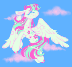 Size: 1280x1201 | Tagged: safe, artist:webkinzworldz, blossomforth, pegasus, pony, g4, cloud, colored eyelashes, colored hooves, ears back, eyes closed, female, flying, freckles, hoof polish, mare, sky, smiling, solo, spread wings, wings