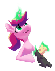 Size: 1242x1597 | Tagged: safe, artist:senaelik, princess cadance, queen chrysalis, g4, cheese, cheese grater, disguise, disguised changeling, drawthread, fake cadance, fangs, female, food, glowing, glowing horn, horn, looking up, magic, simple background, transparent background