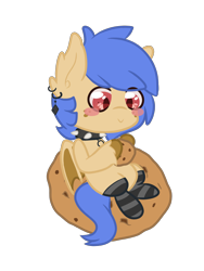 Size: 3000x4000 | Tagged: safe, artist:teacupido_, oc, oc only, oc:lunar saintly, bat pony, pony, bat pony oc, blushing, chibi, choker, clothes, collar, cookie, disguise, disguised changeling, ear fluff, ear piercing, earring, food, freckles, jewelry, piercing, simple background, slit pupils, smiling, socks, spiked choker, spiked collar, striped socks, transparent background, unshorn fetlocks