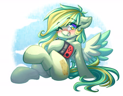 Size: 4592x3596 | Tagged: safe, artist:chaosangeldesu, oc, oc only, pegasus, pony, absurd resolution, blushing, colored wings, commission, cute, female, looking at you, mare, nintendo switch, one eye closed, pegasus oc, sitting, smiling, smiling at you, solo, two toned wings, wings, wink