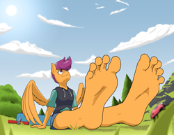 Size: 1397x1080 | Tagged: safe, artist:nudeknightart, scootaloo, insect, ladybug, pegasus, anthro, plantigrade anthro, g4, barefoot, clothes, cloud, feet, fetish, foot fetish, grass, hoodie, leaning back, looking up, relaxing, resting, scooter, sitting, smiling, soles, solo, toes, tree