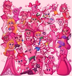 Size: 1916x2048 | Tagged: safe, artist:starblack_20, pinkie pie, oc, alien, bird, chicken, demon, earth pony, fairy, gem (race), hedgehog, human, humanoid, panther, pig, pony, puffball, rabbit, robot, starfish, succubus, anthro, g4, spoiler:steven universe, spoiler:steven universe: the movie, adventure time, amy rose, anais watterson, animal, animatronic, anime, anthro with ponies, breasts, chowder, clothes, color collage, cookie run, dc comics, default spinel, drawn together, dress, female, five nights at freddy's, gem, group, heart, hellaverse, hellborn, helluva boss, jammbonian, jelly jamm, kirby, kirby (series), madoka kaname, magical girl, male, mare, miss heed, my melody, panini (chowder), patrick star, pink, pink background, pink panther, popee the performer, princess bubblegum, princess peach, puella magi madoka magica, rita (jelly jamm), sanrio, simple background, sonic the hedgehog (series), spanky ham, spinel, spinel (steven universe), spoilers for another series, spongebob squarepants, spring broken, starfire, steven universe, steven universe: the movie, strawberry shortcake, strawberry shortcake (character), super mario bros., teen titans, the amazing world of gumball, the backyardigans, the fairly oddparents, uniqua, verosika mayday, villainous, wanda, watermark