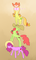 Size: 823x1384 | Tagged: artist needed, safe, berry punch, berryshine, jonagold, marmalade jalapeno popette, peachy sweet, earth pony, pony, g4, my little pony: friendship is magic, over a barrel, apple family member, clothes, cowboy hat, drawthread, glowing, glowing eyes, gradient background, hat, looking at you, pony pile, scene interpretation, tower of pony, trio