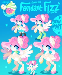 Size: 1621x1940 | Tagged: safe, artist:zombie, oc, oc only, oc:fondant fizz, pegasus, pony, adoptable, clothes, cutie mark, female, folded wings, food, gradient background, hooves, looking at you, neckerchief, pegasus oc, reference sheet, school uniform, socks, solo, spread wings, sprinkles, stockings, thigh highs, wings