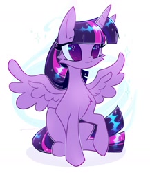 Size: 1728x1993 | Tagged: safe, artist:qwennondeathdie, twilight sparkle, alicorn, pony, g4, cute, female, horn, mare, signature, simple background, sitting, solo, sparkles, spread wings, twiabetes, twilight sparkle (alicorn), white background, wings