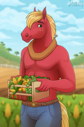 Size: 1280x1922 | Tagged: safe, artist:jenery, big macintosh, earth pony, horse, anthro, g4, belt, carrot, carrying, clothes, cloud, corn, crate, digital art, farm, fence, food, freckles, green pupils, herbivore, hoers, holding, horse collar, jeans, looking at you, male, outdoors, pants, partial nudity, pecs, red body, sky, smiling, solo, topless, tree, vegetables, watermark