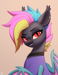 Size: 1000x1300 | Tagged: safe, artist:luminousdazzle, oc, oc only, oc:black opal, bat pony, pony, bat pony oc, bust, choker, clothes, ear piercing, eyeshadow, fangs, female, looking at you, makeup, mare, piercing, red eyes, shirt, short hair, simple background, slit pupils, smiling, solo