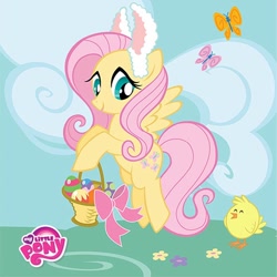 Size: 960x960 | Tagged: safe, fluttershy, bird, butterfly, pegasus, pony, g4, basket, bunny ears, cloud, curly hair, cute, easter basket, female, flying, looking to the right, mare, my little pony logo