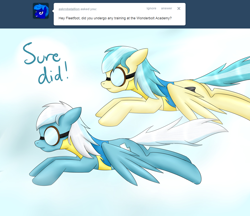 Size: 1280x1106 | Tagged: safe, artist:ask-fleetfoot, fleetfoot, misty fly, pony, g4, ask-fleetfoot, clothes, flying, uniform, wonderbolt trainee uniform