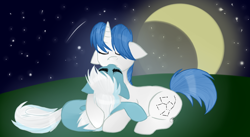 Size: 1024x562 | Tagged: safe, artist:misty-wonderbolt, fleetfoot, orion, shooting star (g4), pony, g4, ask-fleetfoot, cuddling, female, lying down, male, moon, night, orionfoot, prone, straight