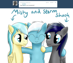 Size: 1280x1106 | Tagged: safe, artist:ask-fleetfoot, fleetfoot, misty fly, oc, oc:storm shock, pony, g4, ask-fleetfoot, hug, simple background, white background