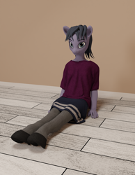 Size: 2520x3240 | Tagged: safe, artist:cicada bluemoon, oc, oc only, oc:cicada bluemoon, anthro, 3d, anthro oc, clothes, crossdressing, femboy, high res, looking at you, male, room, shirt, sitting, skirt, socks, solo, stockings, t-shirt, thigh highs