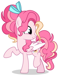 Size: 1880x2357 | Tagged: safe, artist:harmonyvitality-yt, oc, oc only, oc:candy cake, pegasus, pony, g4, base used, bow, colored wings, female, hair bow, looking back, mare, offspring, parent:cheese sandwich, parent:pinkie pie, parents:cheesepie, pegasus oc, raised hoof, simple background, solo, transparent background, two toned wings, wings