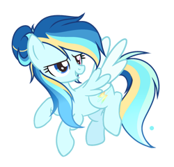 Size: 1405x1346 | Tagged: safe, artist:harmonyvitality-yt, oc, oc only, oc:rapid rainbow, pegasus, pony, base used, colored wings, female, flying, heterochromia, looking back, mare, offspring, parent:rainbow dash, parent:soarin', parents:soarindash, pegasus oc, simple background, solo, transparent background, two toned wings, wings