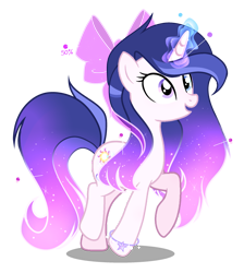 Size: 2165x2412 | Tagged: safe, artist:harmonyvitality-yt, oc, oc only, oc:harmony vitality, pony, unicorn, g4, adopted offspring, base used, bow, ethereal mane, eyelashes, glowing, glowing horn, hair bow, high res, horn, offspring, parent:flash sentry, parent:twilight sparkle, parents:flashlight, simple background, solo, starry mane, transparent background, unicorn oc