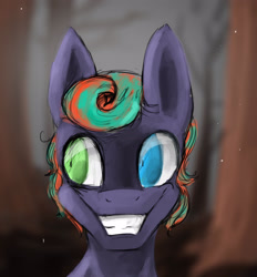 Size: 2359x2541 | Tagged: safe, artist:minckies, oc, oc only, oc:calamity, earth pony, pony, fallout equestria, bust, earth pony oc, grin, heterochromia, high res, outdoors, smiling, solo
