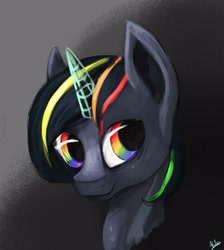 Size: 1870x2090 | Tagged: safe, artist:minckies, oc, oc only, pony, unicorn, abstract background, bust, horn, signature, smiling, solo, unicorn oc