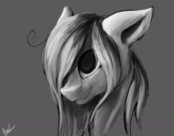 Size: 2457x1920 | Tagged: safe, artist:minckies, oc, oc only, earth pony, pony, bust, earth pony oc, gray background, hair over one eye, signature, simple background, smiling, solo