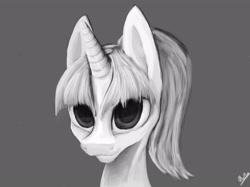 Size: 2667x1996 | Tagged: safe, artist:minckies, oc, oc only, pony, unicorn, bust, female, gray background, horn, mare, signature, simple background, solo, unicorn oc