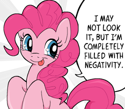 Size: 909x791 | Tagged: safe, artist:muffinz, pinkie pie, earth pony, pony, g4, cute, diapinkes, dissonant caption, female, pixel-crisp art, ponified, reference, smug, solo, subversive kawaii, text