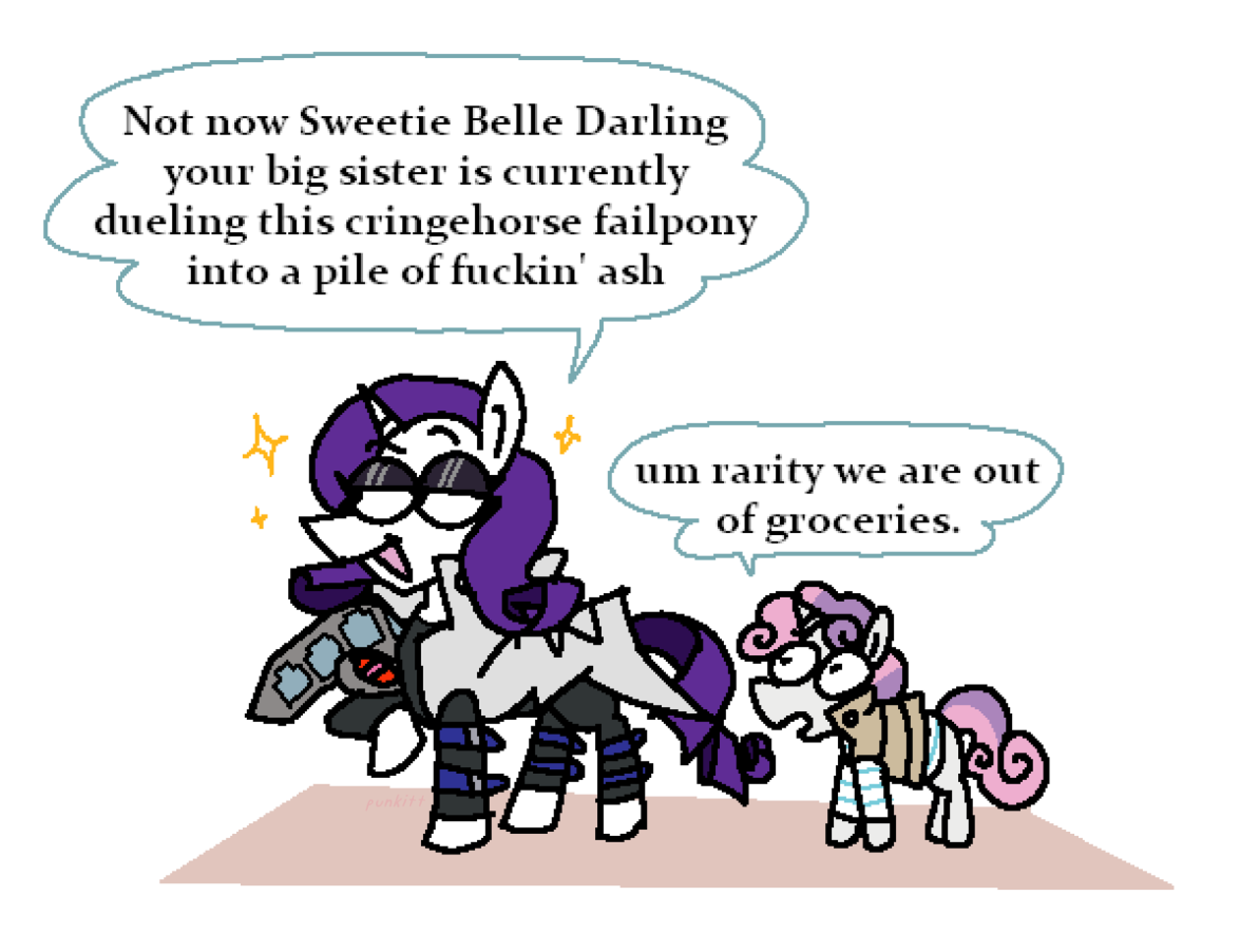[clothes,cosplay,costume,dialogue,duo,female,filly,foal,mare,mokuba kaiba,open mouth,pony,rarity,safe,seto kaiba,siblings,simple background,sisters,sparkles,speech bubble,sweetie belle,unicorn,white background,yu-gi-oh!,duel disk,lidded eyes,smiling,open smile,artist:punkittdev]
