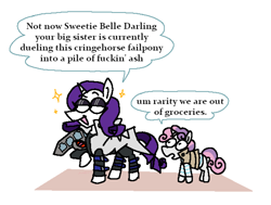 Size: 2428x1836 | Tagged: safe, artist:punkittdev, rarity, sweetie belle, pony, unicorn, g4, clothes, cosplay, costume, dialogue, duel disk, duo, female, filly, foal, lidded eyes, mare, mokuba kaiba, open mouth, open smile, seto kaiba, siblings, simple background, sisters, smiling, sparkles, speech bubble, white background, yu-gi-oh!