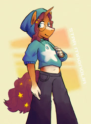 Size: 872x1187 | Tagged: safe, artist:punkittdev, oc, oc only, oc:star magnolia, unicorn, anthro, beanie, belly button, glasses, hat, midriff, smiling, solo