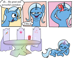 Size: 1019x815 | Tagged: safe, artist:notfocks, part of a set, trixie, pony, unicorn, g4, coca-cola, comic, cutie map, dialogue, drink, drinking, female, lying down, mare, on side, soda can, solo, speech bubble, suddenly hands