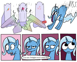 Size: 1019x815 | Tagged: safe, artist:notfocks, part of a set, trixie, pony, unicorn, g4, behaving like a cat, breaking, coca-cola, comic, cutie map, dialogue, female, hissing, mare, soda can, solo, speech bubble, threat display