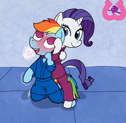 Size: 1023x1000 | Tagged: safe, artist:author92, rainbow dash, rarity, pegasus, pony, unicorn, g4, ahegao, breath, chokehold, clothed ponies, clothes, duo, gi, martial artist rarity, martial arts, open mouth, red face, smiling, tongue out