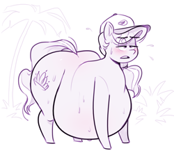 Size: 1250x1100 | Tagged: safe, artist:secretgoombaman12345, diamond tiara, earth pony, pony, g4, chubby diamond, eyebrows, eyebrows visible through hair, fat, female, hat, hot, lidded eyes, monochrome, obese, older, older diamond tiara, palm tree, solo, sweat, tree