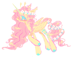 Size: 1280x1013 | Tagged: safe, artist:webkinzworldz, fluttershy, alicorn, pony, g4, alicornified, antenna, antennae, blue eyes, blush scribble, blushing, colored hooves, ear fluff, ear tufts, floral head wreath, flower, flower in hair, flower in tail, fluttercorn, folded wings, light blue eyes, race swap, simple background, smiling, solo, tail, white background, wings