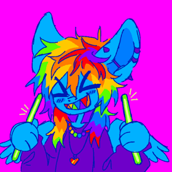 Size: 700x700 | Tagged: safe, artist:peaceandlove26, rainbow dash, pegasus, anthro, g4, bar piercing, blush lines, blushing, clothes, ear piercing, earring, eyes closed, eyestrain warning, glowstick, jewelry, magenta background, multicolored teeth, necklace, needs more saturation, piercing, pink background, rainbow teeth, scaffolding piercing, scene hair, sharp teeth, simple background, smiling, solo, sweater, teeth, xd