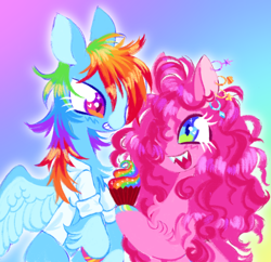 Size: 1280x1238 | Tagged: safe, artist:webkinzworldz, pinkie pie, rainbow dash, earth pony, pegasus, pony, fanfic:cupcakes, fanfic:rainbow factory, g4, clothes, cupcake, duo, ear piercing, earring, fanfic art, food, heart, heart eyes, jewelry, lab coat, piercing, rainbow cupcake, rainbow factory dash, wingding eyes