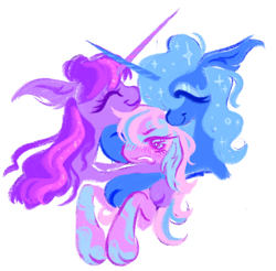 Size: 1280x1262 | Tagged: safe, artist:peaceandlove26, princess luna, starswirl, twilight sparkle, alicorn, earth pony, pony, unicorn, g1, g4, alternate color palette, alternate universe, ear fluff, eyeshadow, horn, hug, long horn, magical lesbian spawn, makeup, next generation, offspring, parent:princess luna, parent:twilight sparkle, parents:twiluna, simple background, trio, white background