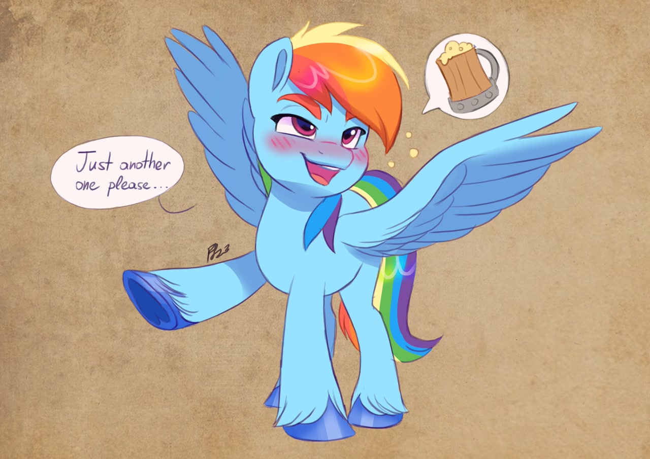 [blushing,cider,dialogue,drunk,female,go home you're drunk,mare,open mouth,pegasus,pony,rainbow dash,raised hoof,safe,solo,unshorn fetlocks,wings,cider dash,underhoof,lidded eyes,smiling,spread wings,that pony sure does love cider,open smile,drunker dash,artist:artharuhi]