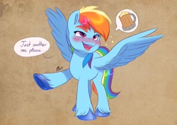 Size: 4096x2897 | Tagged: safe, artist:haruh_ink, rainbow dash, pegasus, pony, g4, blushing, cider, cider dash, cute, dialogue, drunk, drunker dash, female, go home you're drunk, high res, lidded eyes, mare, open mouth, open smile, raised hoof, smiling, solo, spread wings, that pony sure does love cider, underhoof, unshorn fetlocks, wings