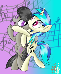 Size: 2286x2786 | Tagged: safe, artist:notadeliciouspotato, dj pon-3, octavia melody, vinyl scratch, earth pony, pony, unicorn, g4, abstract background, bipedal, dancing, duo, female, gradient background, high res, looking at each other, looking at someone, mare, open mouth, open smile, signature, smiling