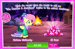 Size: 1964x1298 | Tagged: safe, gameloft, fluttershy, pegasus, pony, g4, my little pony: magic princess, advertisement, clothes, costs real money, dress, english, female, folded wings, gem, hat, introduction card, mare, mobile game, numbers, sale, solo, text, wings