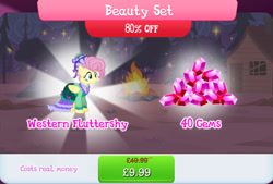 Size: 1268x857 | Tagged: safe, gameloft, fluttershy, pegasus, pony, g4, my little pony: magic princess, bundle, clothes, costs real money, dress, english, female, folded wings, gem, hat, mare, mobile game, numbers, sale, solo, text, wings