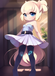 Size: 1024x1408 | Tagged: safe, ai assisted, ai content, artist:cdv, derpibooru exclusive, generator:novelai, generator:stable diffusion, oc, oc:silk stocking, anthro, clothes, cute, dress, female, filly, foal, indoors, looking at you, paraskirt, solo