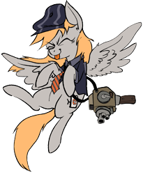 Size: 777x947 | Tagged: safe, oc, oc:horsetv, pegasus, pony, /mlp/ tf2 general, camera, clothes, cute, eyes closed, female, hat, jacket, mare, necktie, simple background, solo, sourcetv, spread wings, team fortress 2, team fortress 2 logo, tongue out, transparent background, wings