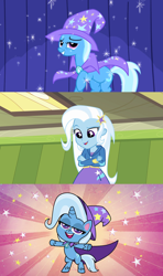 Size: 1920x3240 | Tagged: safe, edit, edited screencap, screencap, trixie, human, pony, unicorn, boast busters, equestria girls, friendship gems, g4, g4.5, my little pony equestria girls, my little pony: pony life, cape, clothes, hat, jacket, skirt, trixie's cape, trixie's hat