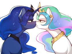 Size: 2225x1656 | Tagged: safe, artist:minekoo2, princess celestia, princess luna, alicorn, pony, g4, blushing, boop, crossed horns, duo, duo female, female, horn, horns are touching, mare, nose to nose, noseboop, royal sisters, siblings, simple background, sisters, staring contest, unamused, white background