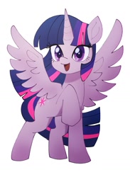 Size: 1066x1453 | Tagged: safe, artist:plusplus_pony, twilight sparkle, alicorn, pony, g4, cute, female, horn, looking at you, mare, open mouth, raised hoof, simple background, solo, spread wings, twiabetes, twilight sparkle (alicorn), white background, wings