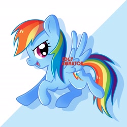 Size: 2700x2700 | Tagged: safe, artist:edgyanimator, derpibooru exclusive, part of a set, rainbow dash, pegasus, pony, g4, blue background, blue coat, blue fur, blue wings, cel shading, chibi, colored, colored lineart, confident, cute, digital art, eyelashes, female, firealpaca, full body, high res, looking sideways, looking to the right, mare, multicolored hair, multicolored mane, multicolored tail, open mouth, open smile, pink eyes, profile, quadrupedal, rainbow hair, raised hoof, shading, signature, simple background, simple shading, smiling, solo, spread wings, tail, wings