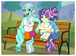 Size: 4554x3346 | Tagged: safe, artist:faitheverlasting, bon bon, lyra heartstrings, sweetie drops, classical unicorn, earth pony, unicorn, anthro, unguligrade anthro, g4, bench, bon bon is not amused, clothes, cloven hooves, curved horn, duo, duo female, female, floppy ears, hair tie, high res, horn, hugging leg, implied transformation, leonine tail, lesbian, looking at each other, looking at someone, looking sideways, mare, meme, open mouth, open smile, pony to anthro, ponytail, ship:lyrabon, shipping, sitting, sitting lyra, smiling, tail, unamused, unshorn fetlocks